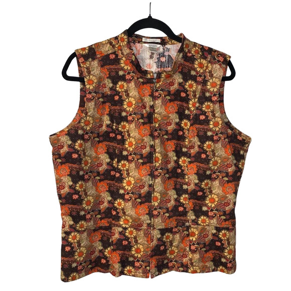 Christopher & Banks Retro Fall Floral Vest Size XL Brown Orange Full Zip 2008 - Picture 1 of 7